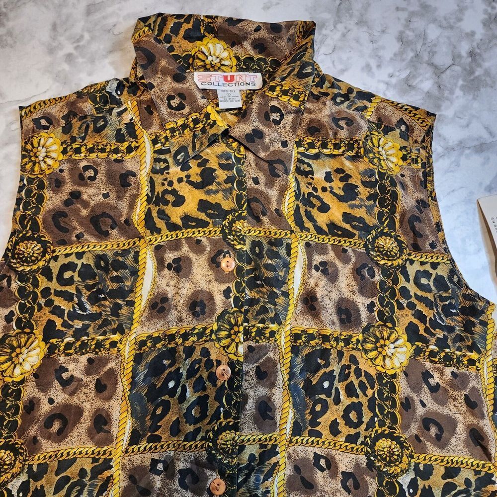 Stunt Collections Vtg Women's Leopard Animal Print‎ Silk Top Blouse Sz Large Nos - Picture 10 of 12